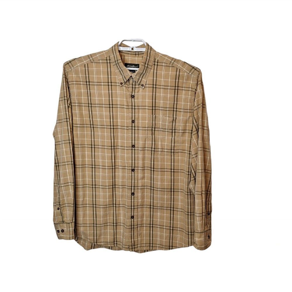 Eddie Bauer Mens Size L Relaxed Fit Oxford Shirt Tan Olive Plaid 100 Cotton Flaw